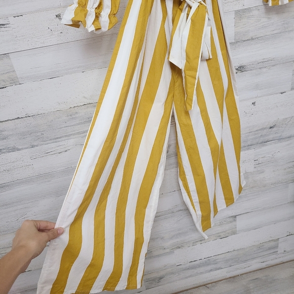 PrettyLittleThing Mustard Striped Bardot Jumpsuit - Picture 9 of 13